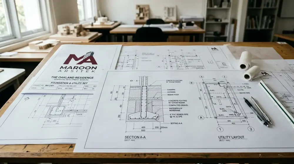 Ilustrasi dokumen gambar kerja arsitektur lengkap Maroon Arsitek